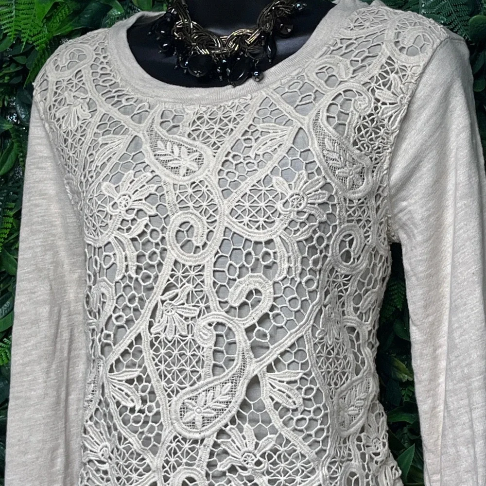 J. Crew Sweatshirt Small Cream Lace Front Crew Neck Long Sleeve Top Women 3335 - Picture 6 of 8